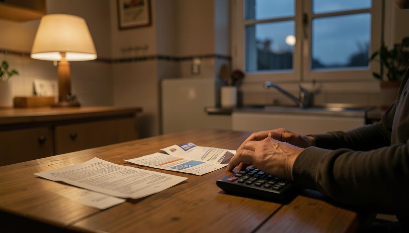 Persona revisando facturas y recibos en la mesa de su cocina: endeudarse para vivir tiene solución con la Ley de Segunda Oportunidad