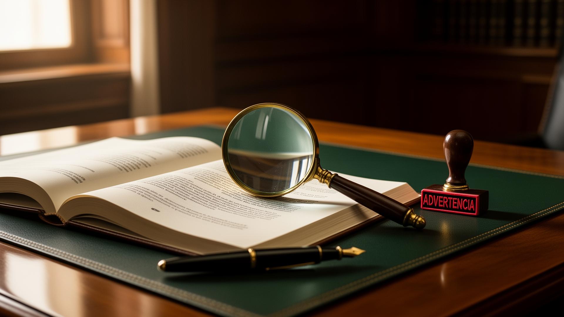 Lupa sobre documento legal junto a sello de advertencia en despacho de abogados