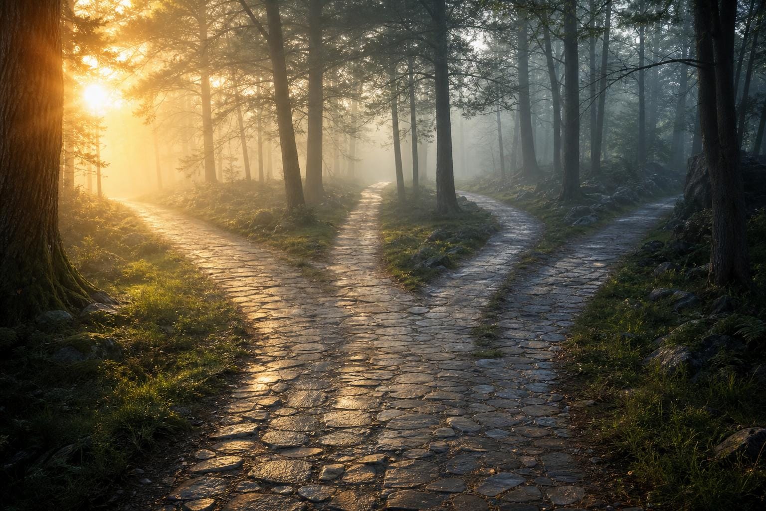 Tres caminos divergentes en un bosque al amanecer: metáfora de las tres vías para resolver deudas en 2026